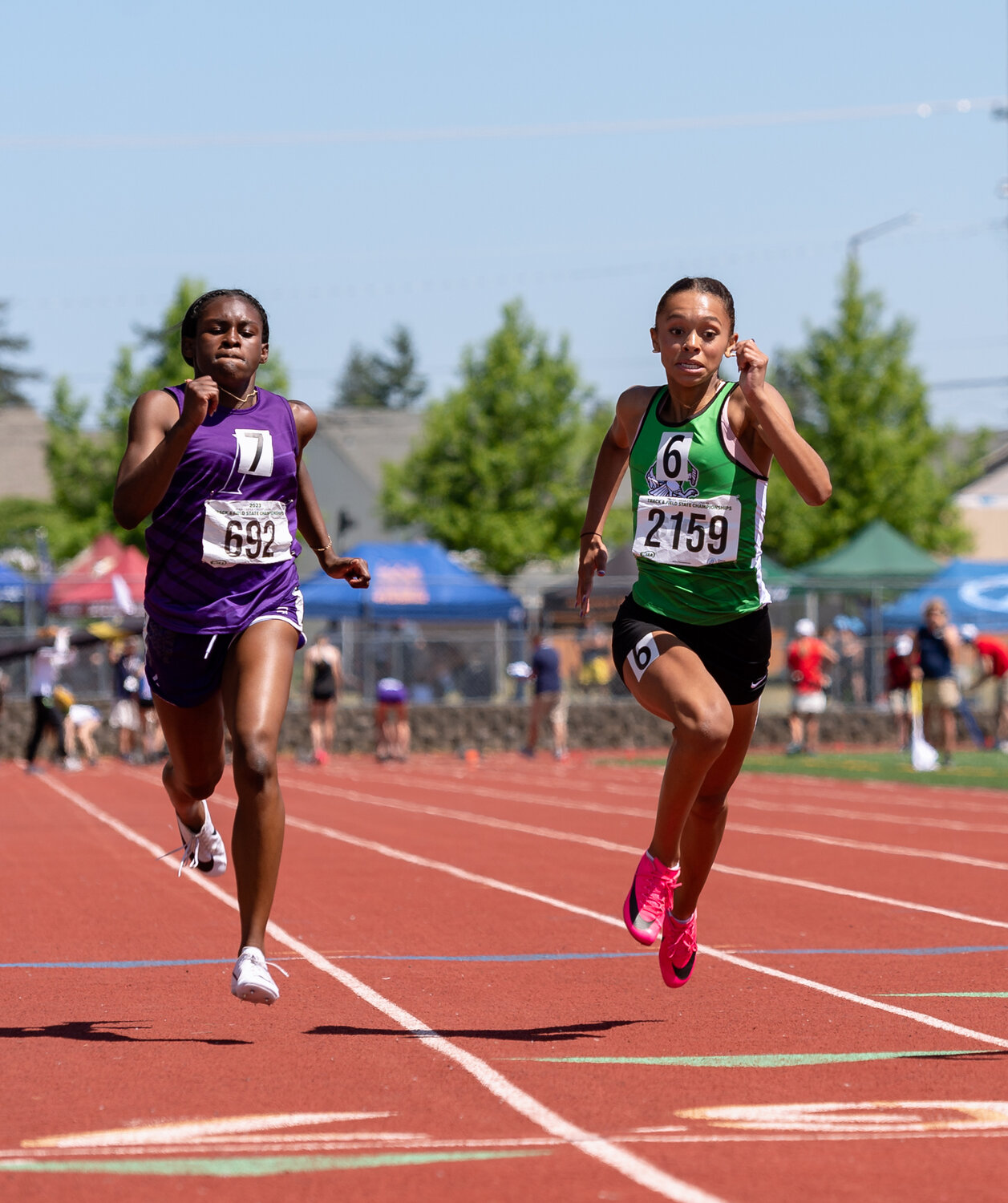 Tumwater’s Ava Jones races to the finish in a prelim of the 2A girls 100 at the WIAA 2A/3A/4A State Track and Field Championships on Friday, May 26, 2023, at Mount Tahoma High School in Tacoma. (Joshua Hart/For The Chronicle)